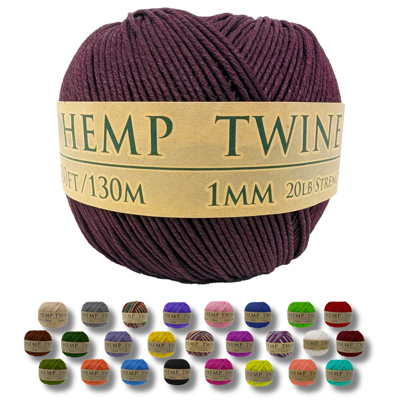 Hemptopia, Hemp Twine Ball, 430ft, 20lb test strength, Multiple colors, All Natural